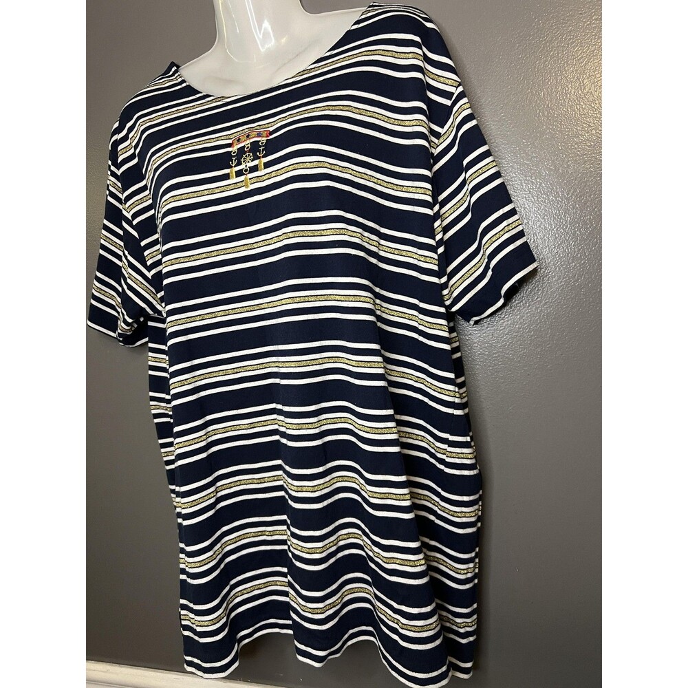 Vintage Needle & Threads Shirt Womens XL Navy Gold Striped Nautical 90s - Picture 4 of 9
